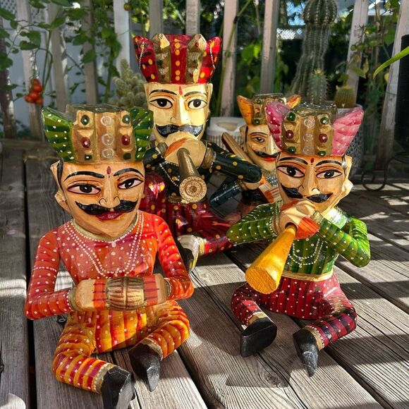 Vintage Set 4- Indian Handicraft Wooden Rajasthan Musicians Folk Art Statues - Picture 3 of 16